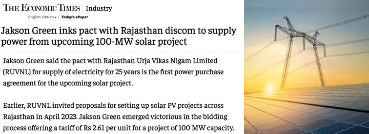 Jakson Green inks pact with Rajasthan discom to supply power from upcoming 100 MW solar project